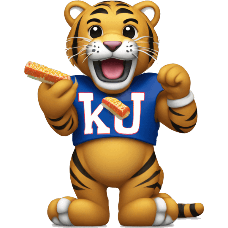 Mizzou tiger chewing on a KU chew toy emoji