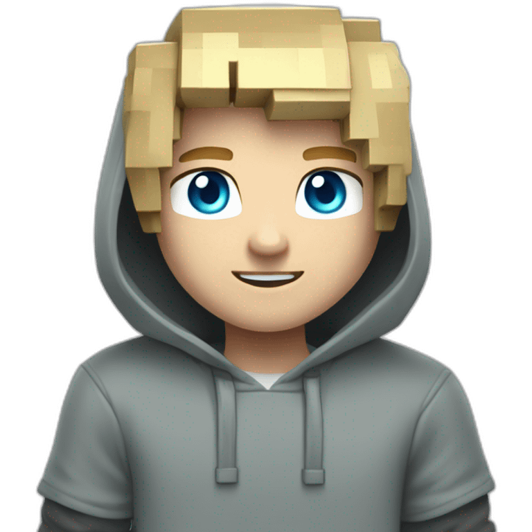 a young blond man with gray-blue eyes is dressed in a gray hoodie with a creeper from Minecraft on it emoji