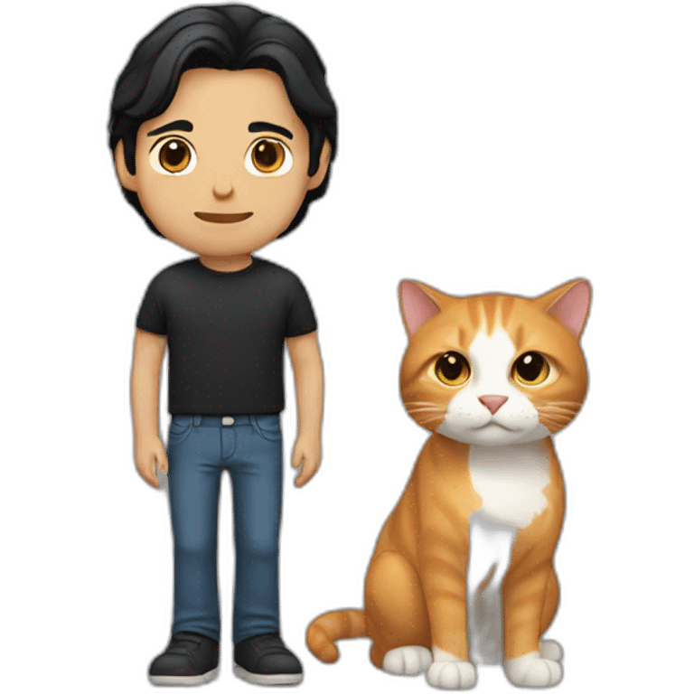 white man with shoulder length black hair holding a ginger cat emoji