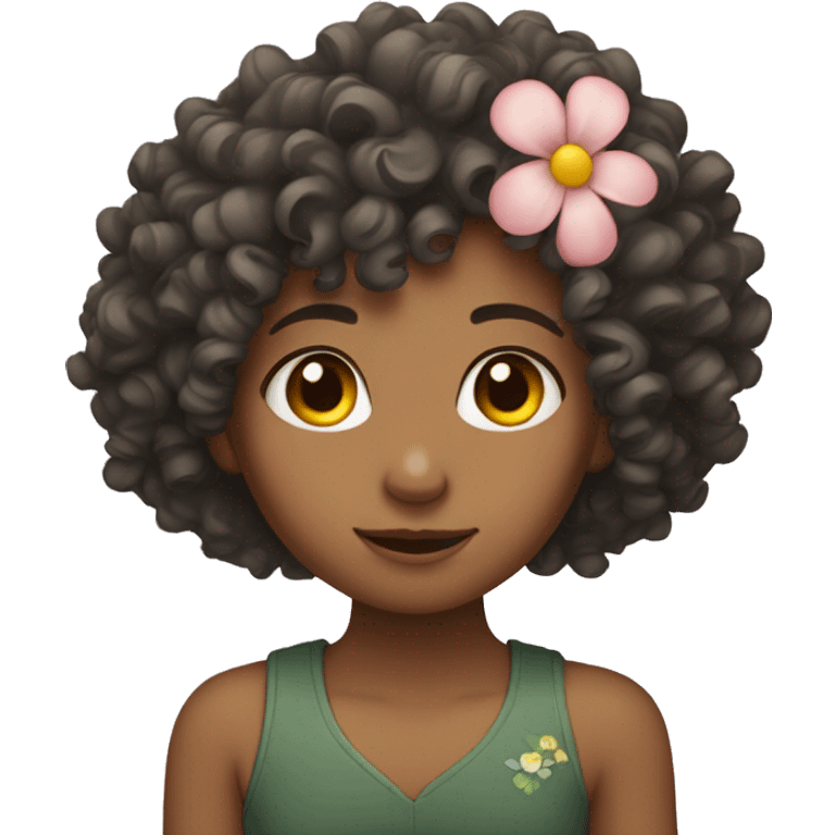 Curly haired girl with a flower on her ear. emoji