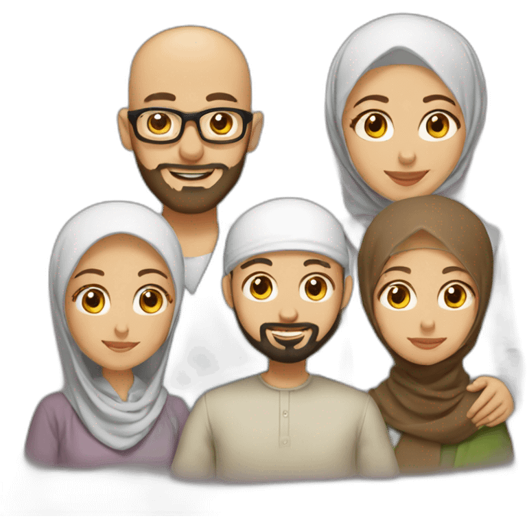 Muslim bearded and bald man with hijab wife, two boys and one girl emoji