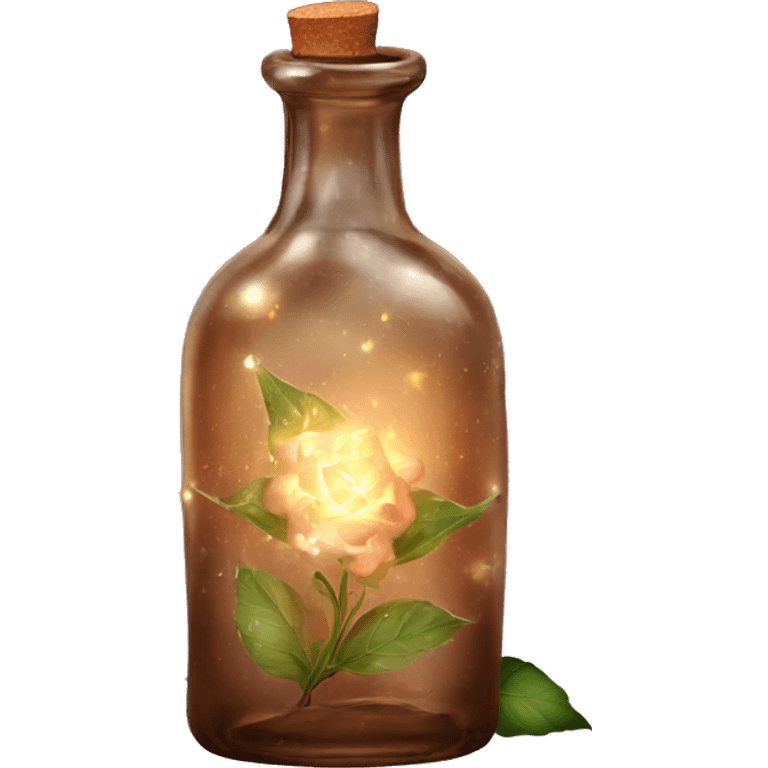 Brown magic fairy light sparkling old Antique bottle with poison and with herbal and flowers emoji