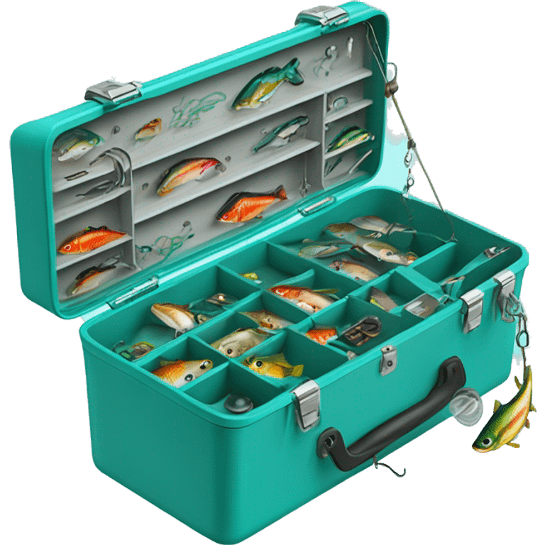 Realistic turquoise Fishing tackle box open with  fish bait and hooks inside of it emoji