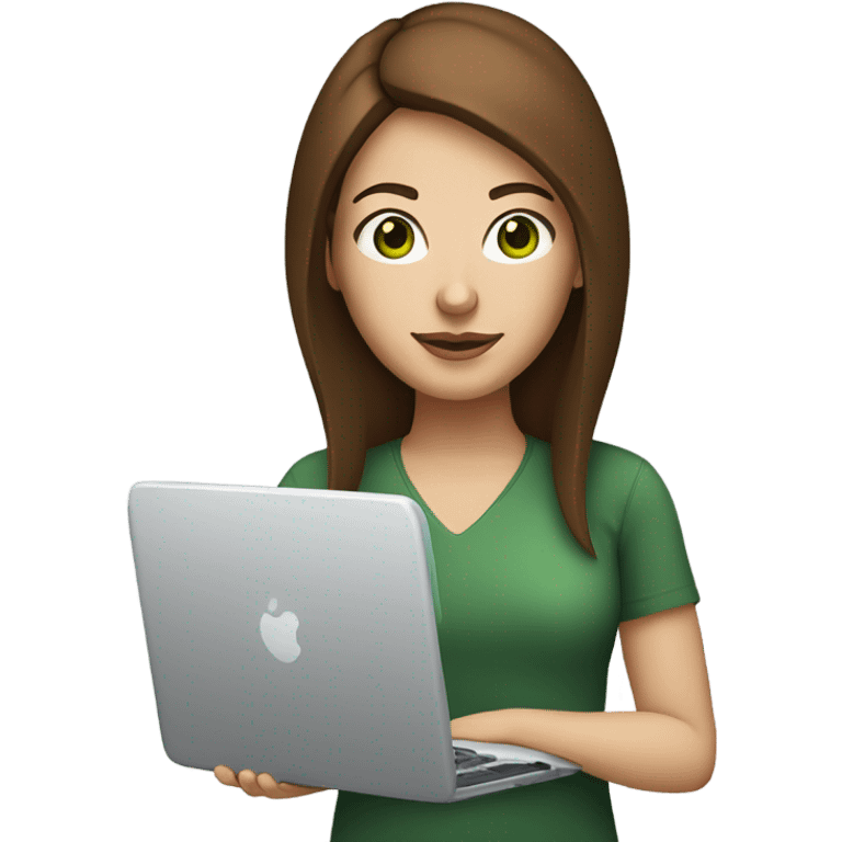 Web designer carrying a computer in her hands. white woman with medium-length brown hair, green eyes and freckles on her nose. emoji