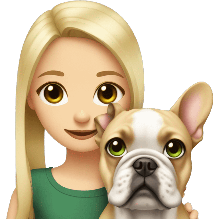 A blonde girl with green eyes with a square hugs a French bulldog with brown eyes and dark gray fur emoji