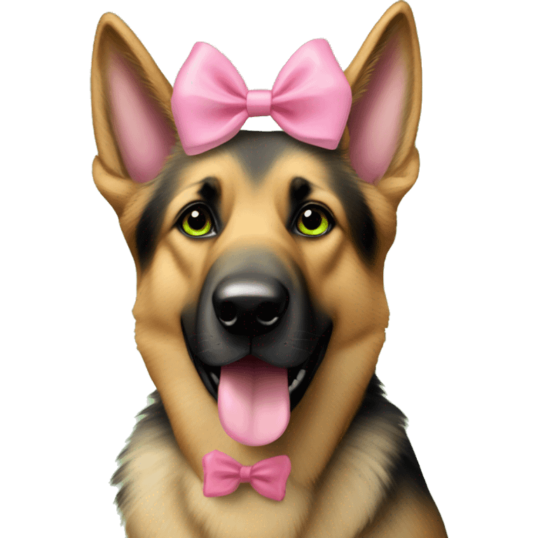 Girly brown German shepherd dog with pink bow on head and green eyes emoji