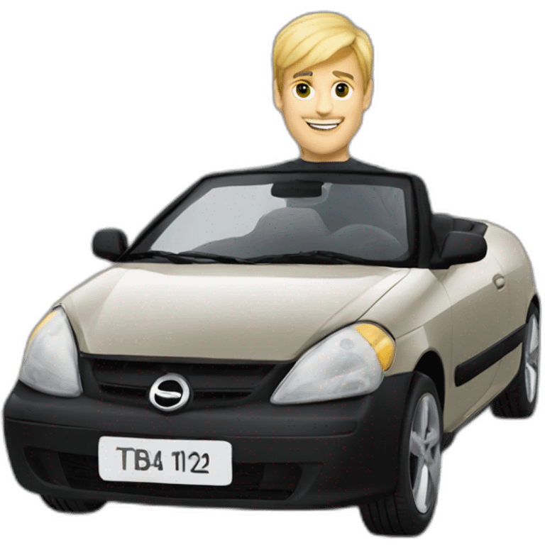 A blonde man driving a Black Opel Tigra cabrio emoji