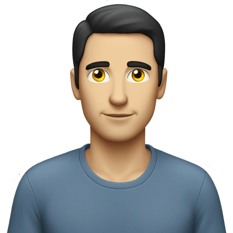 white man with black hair and yellow eye, no mustache. he is wearing blu shirt that says "ai".  emoji