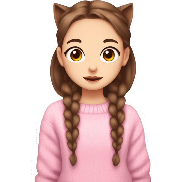 a twitch emote of a cartoon girl with the cutest brown big eyes and brown hair in pigtails with wight cat ears wearing a pink sweater emoji