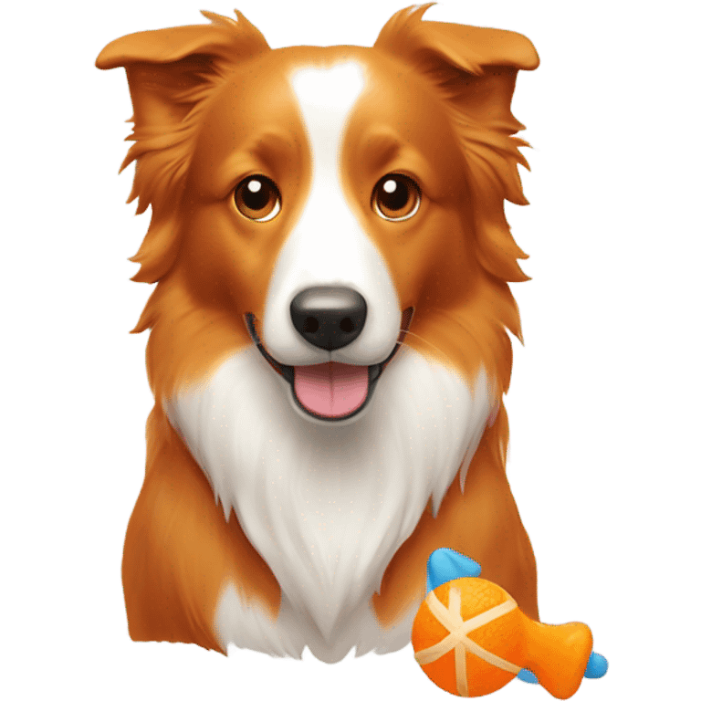 A orange border collie with a dog toy emoji