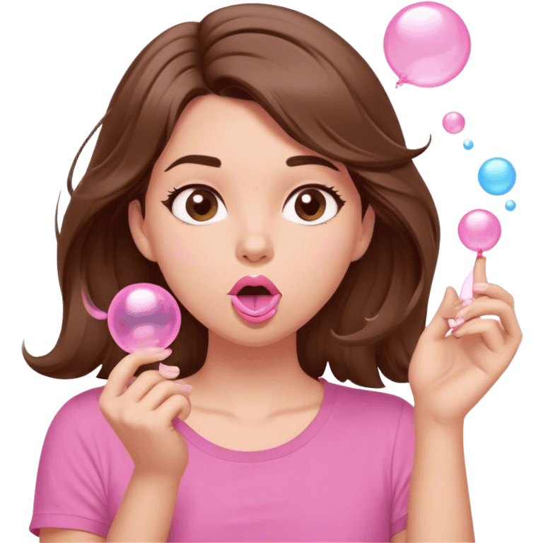 A digital illustration of a cartoon-style woman with shoulder-length brown hair, wearing a pink shirt. She is blowing a pink bubble gum bubble while playfully twirling a strand of her hair with her fingers. Her facial expression is relaxed and carefree. The background is plain white *3d emoji* emoji