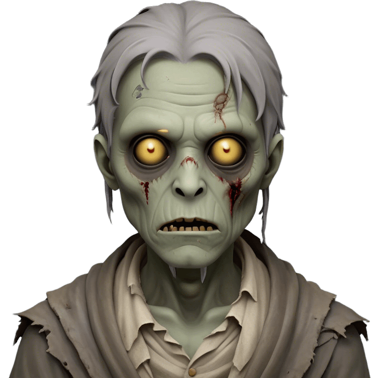 Cinematic Noble Zombie Portrait Emoji, Surprisingly dignified and somber, with a decaying yet strangely regal visage in ashen grays and muted tones, draped in tattered attire hinting at a lost grandeur, simplified yet meticulously detailed, glowing with a soft, eerie radiance and a gentle outline that evokes the tragic nobility of the undead! emoji