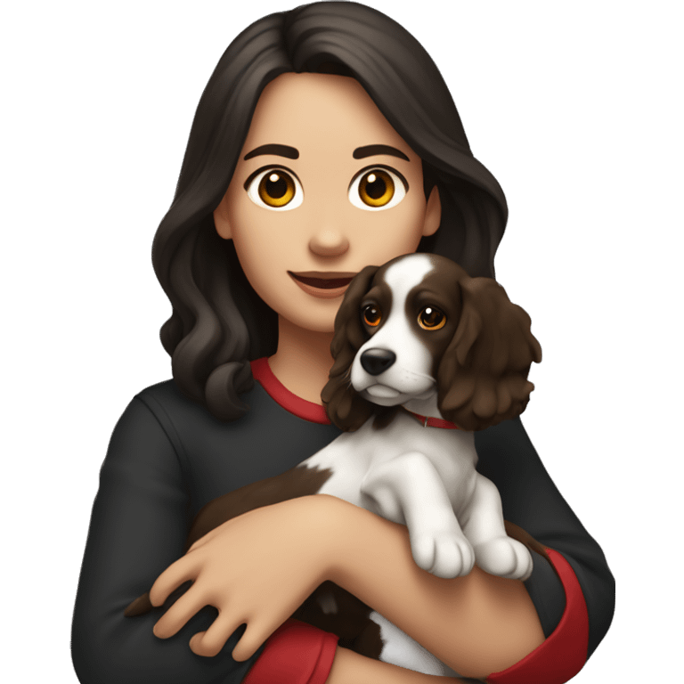 a brunette girl with a square holds a spaniel dog in her arms, color black with red emoji