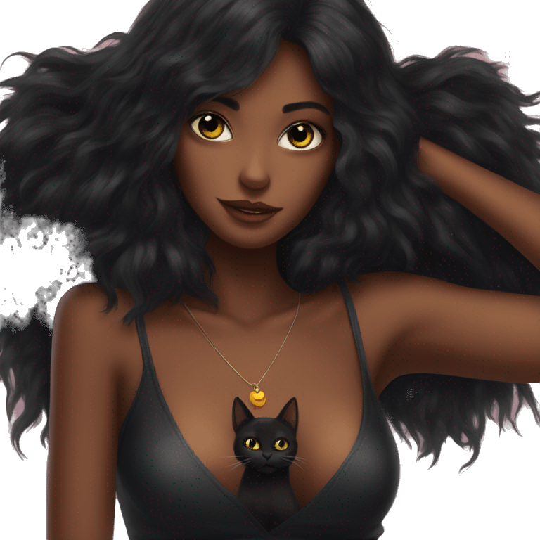 black cat hanging on beautiful black haired woman chest emoji