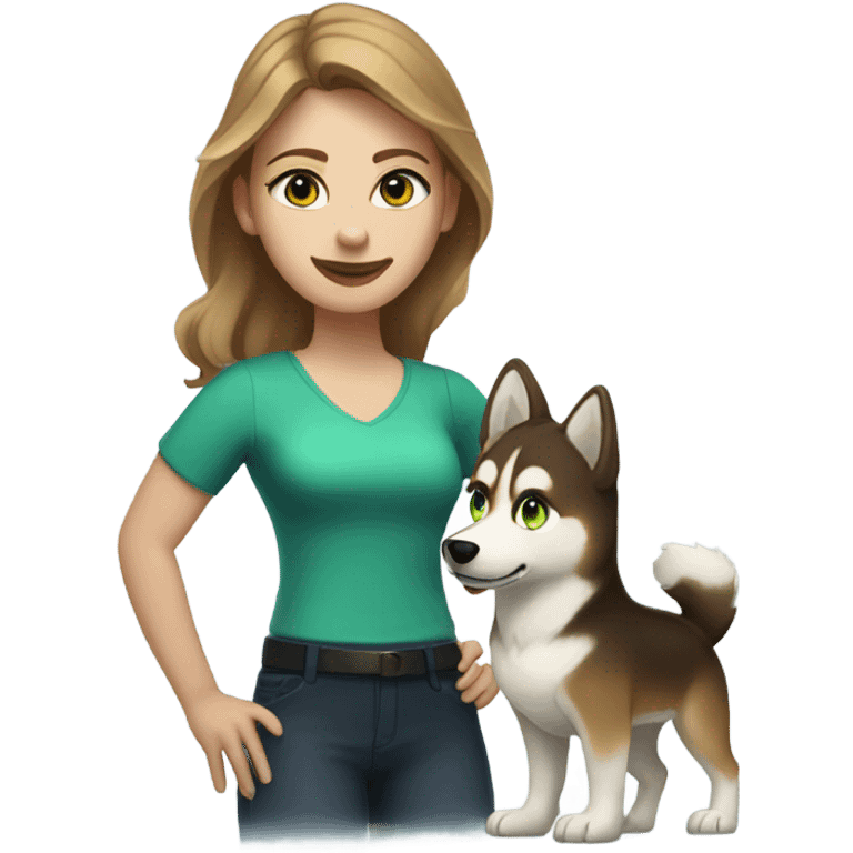 White Woman hair brown and bleus eyes and golden Husky With green eyes emoji