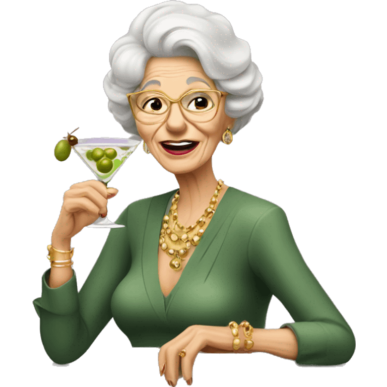 Chic Old lady wearing gold earrings drinking a martini with two olives emoji