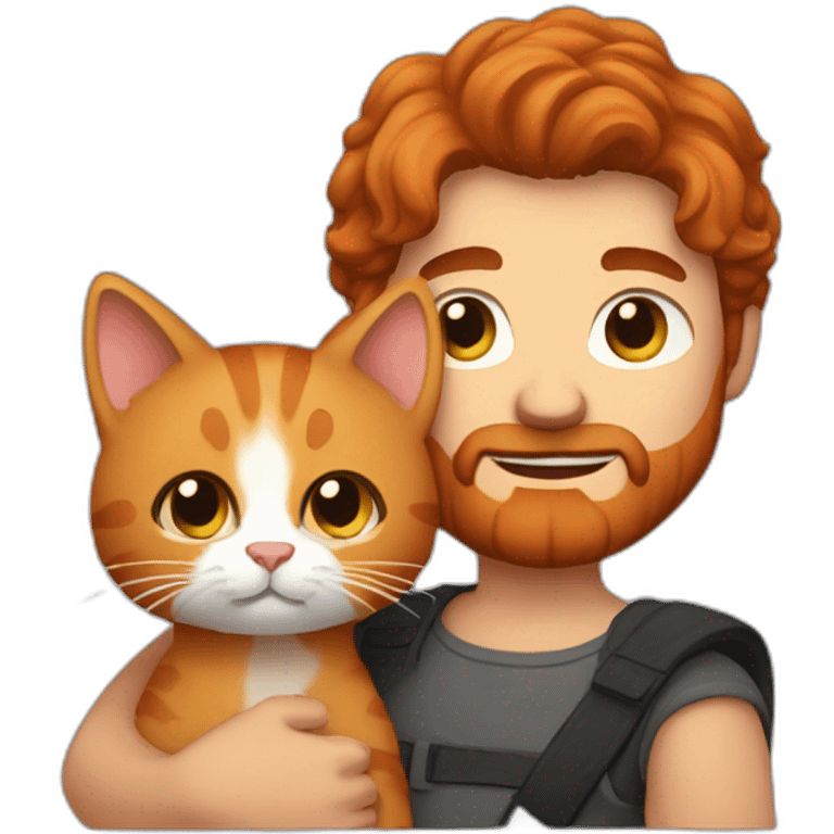 Michael with his red beard and dark brown hair holding his ginger cat in his arms emoji