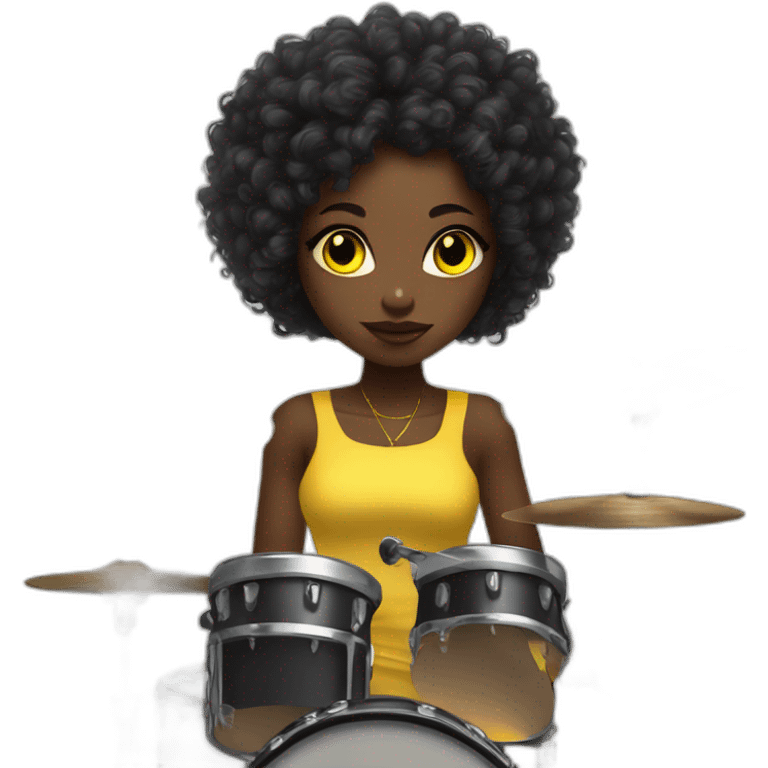 cute punk girl in yellow dress dark skin with yellow eyes and dark curvy hairs plays on drums emoji