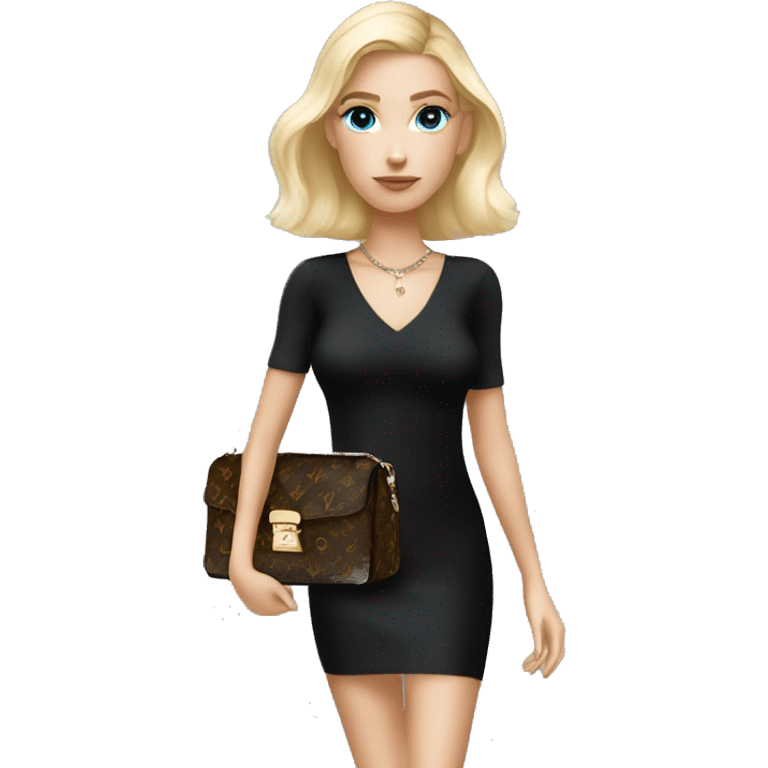 Blonde girl with bright blue eyes holding Louis Vuitton monogram bag in tight short all black dress emoji