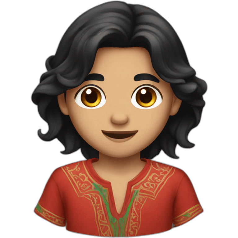 A boy with long black hair and Brown eyes and morocco shirt emoji