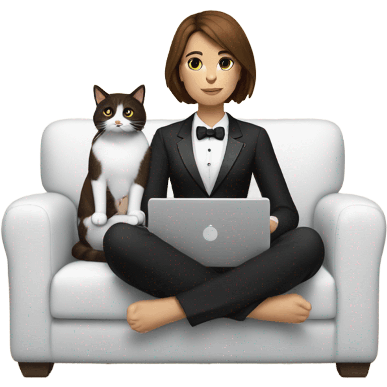  woman with brown hair sitting on the couch with a laptop on her lap next to small black and white tuxedo cat emoji