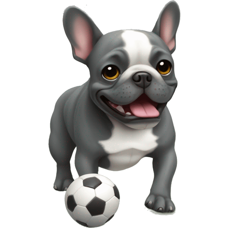 dark gray french bulldog playing soccer emoji