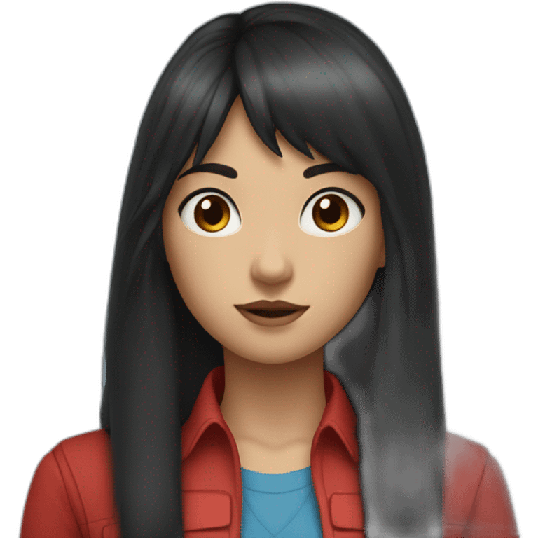 girl with long black hair, thick bangs, blue eyes, red vest and shirt emoji