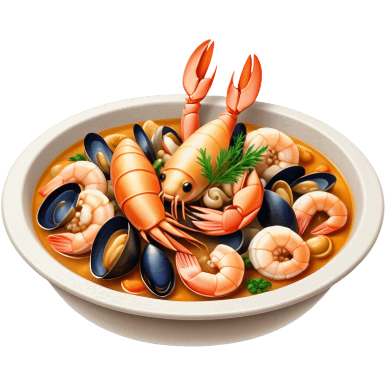 Cinematic Realistic Buzara Seafood Dish Emoji, depicted as a rustic, flavorful seafood stew with shellfish rendered with rich textures and dynamic, maritime lighting. emoji