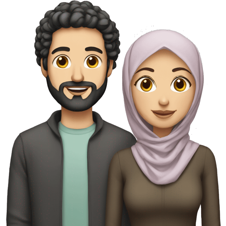 White man without a beard with curly black hairs with her wife wear a hijab  emoji