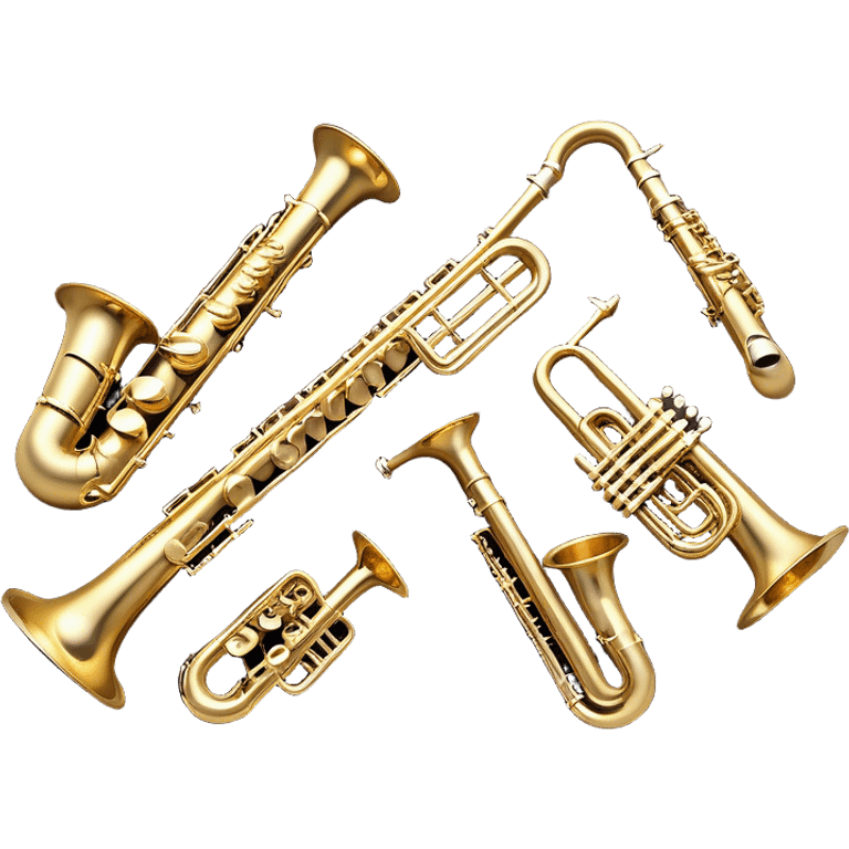 Create a dynamic and vibrant emoji representing a collection of wind instruments. The design should feature a variety of classic wind instruments, including a trumpet, saxophone, clarinet, flute, and trombone, arranged in an artistic and harmonious way. Each instrument should be detailed with its unique features, such as the shiny brass of the trumpet, the sleek keys of the clarinet, and the elegant curves of the saxophone. Add subtle musical notes or soundwaves flowing around the instruments to represent the collective music they create. Use warm metallic tones like gold, silver, and brass, along with deep wood tones for the wooden instruments, to evoke the rich, diverse sounds of wind instruments. The background should be transparent. emoji