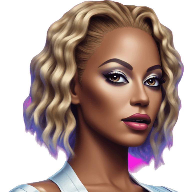 Synthwave Beyoncé in matrix style, oil paint, epic eyes, intricate lips, exquisite pose, beautiful, desirable, logical emoji