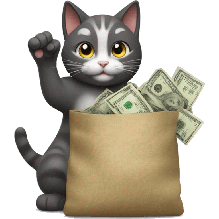 the cat waves its paw and holds a bag of money emoji