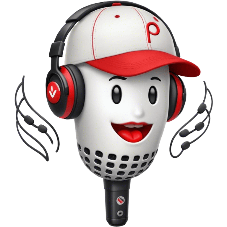 Create a dynamic and energetic emoji that represents beatboxing. The design should feature a stylized microphone with lips and baseball cap on it, sound waves emanating from it , symbolizing vocal percussion and rhythm. Add elements like headphones or a subtle speaker to emphasize the music production aspect. Use bold colors like black, white, and red to convey the intensity and creativity of beatboxing. The background should be transparent. emoji