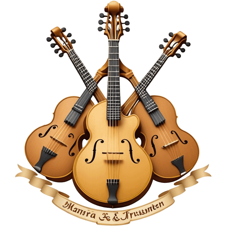 Design a complex, festive, and professional emblem-like emoji representing plucked string instruments. The composition should resemble a heraldic crest, featuring iconic instruments like a banjo, mandolin, domra, and sitar, artistically arranged in a balanced and symmetrical layout. The necks of the instruments should extend upward, intertwining with a flowing ribbon of musical notes, which weaves elegantly around the strings and headstocks. The design should incorporate intricate details, such as carved patterns on the instruments and decorative fretboards, while maintaining clarity and recognizability. Use a rich and celebratory color palette with gold, deep brown, and vibrant accents, adding subtle highlights and shadows for a polished, three-dimensional look. Include ornate elements like laurels, swirls, or subtle engraving to enhance the emblematic feel. The background should be transparent to highlight the composition as a standalone emblem. emoji