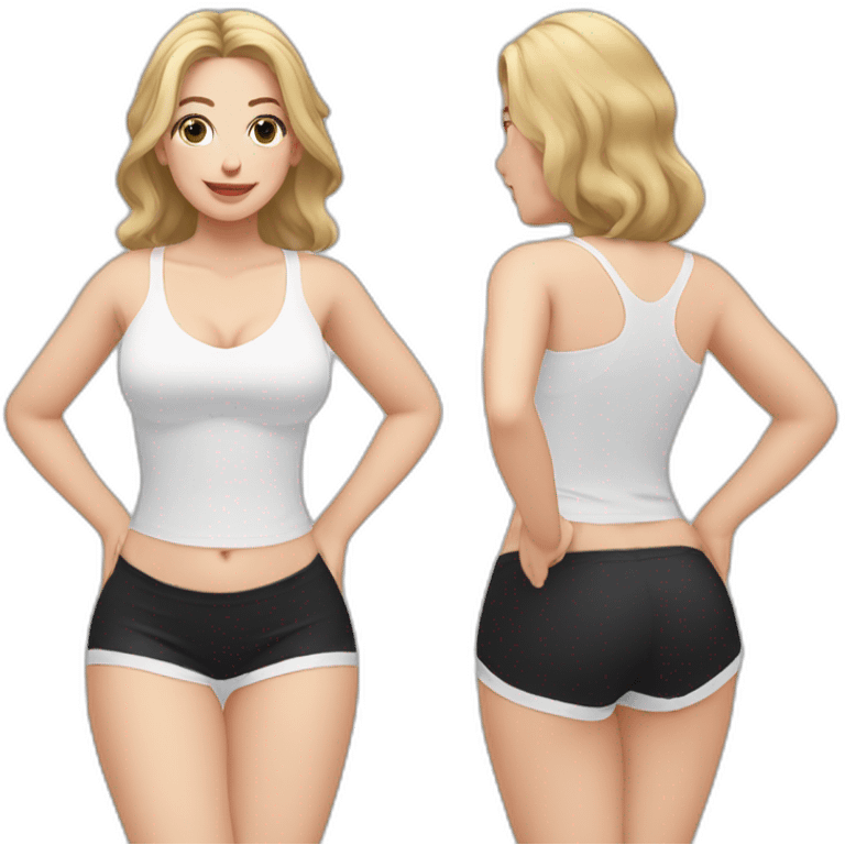 Front view curvy caucasian beauty sitting straight hands up black skirt white knickers white socks emoji