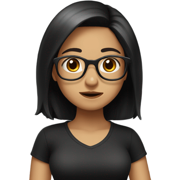 girl shrugging with black shirt, black hair, brown eyes with glasses emoji