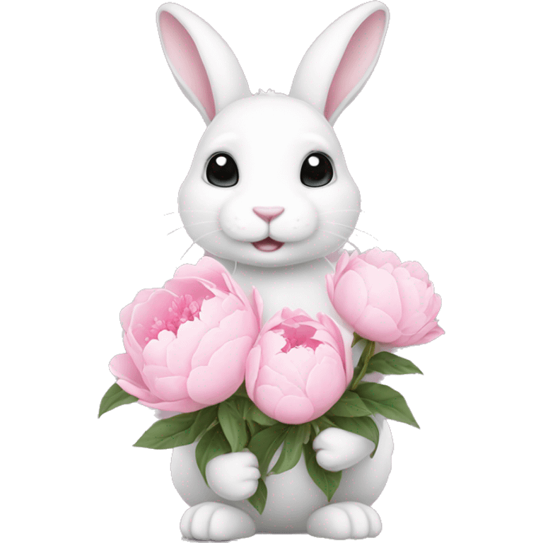 cute white bunny holding light pink peonies emoji