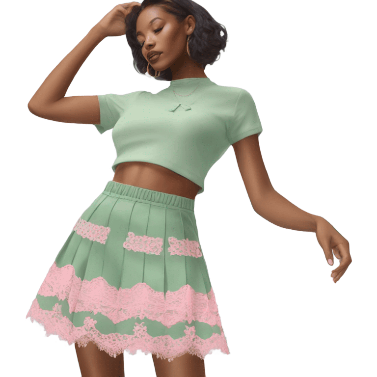 Sage green a-line mini skirt with pink lace and bows and embroidery, isolated emoji