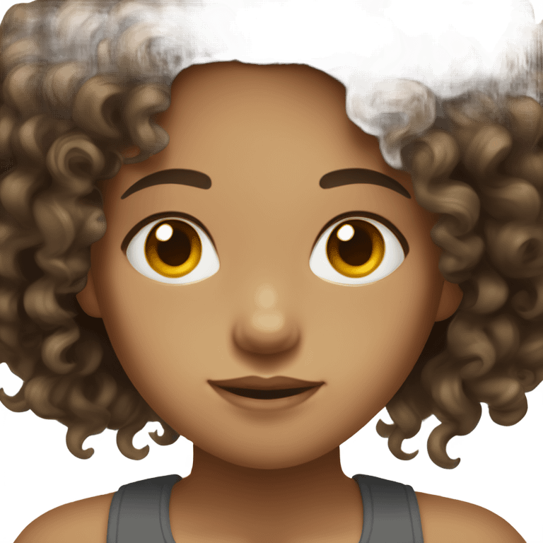 Girl wearing dark, gray tank top, long, dark brown , curly hair, hazel eyes light skin emoji