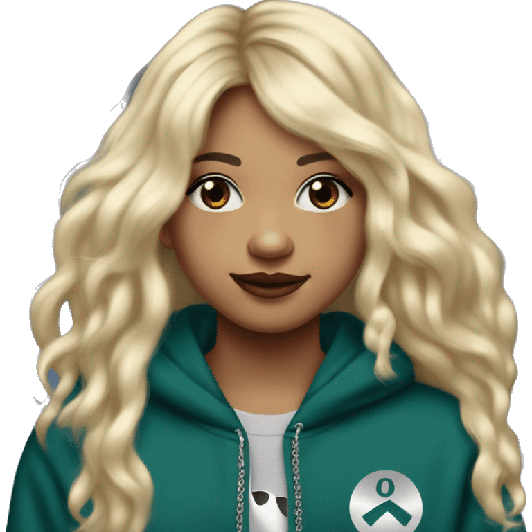 14 year old with long light blonde hair, middle part, chin length curtain bangs, smirking smile, dark teal eyes, long black eyelashes, wears a mulberry hoodie, black leggings, mulberry converse, black pearl earrings, wears a silver cancer sign necklace. emoji