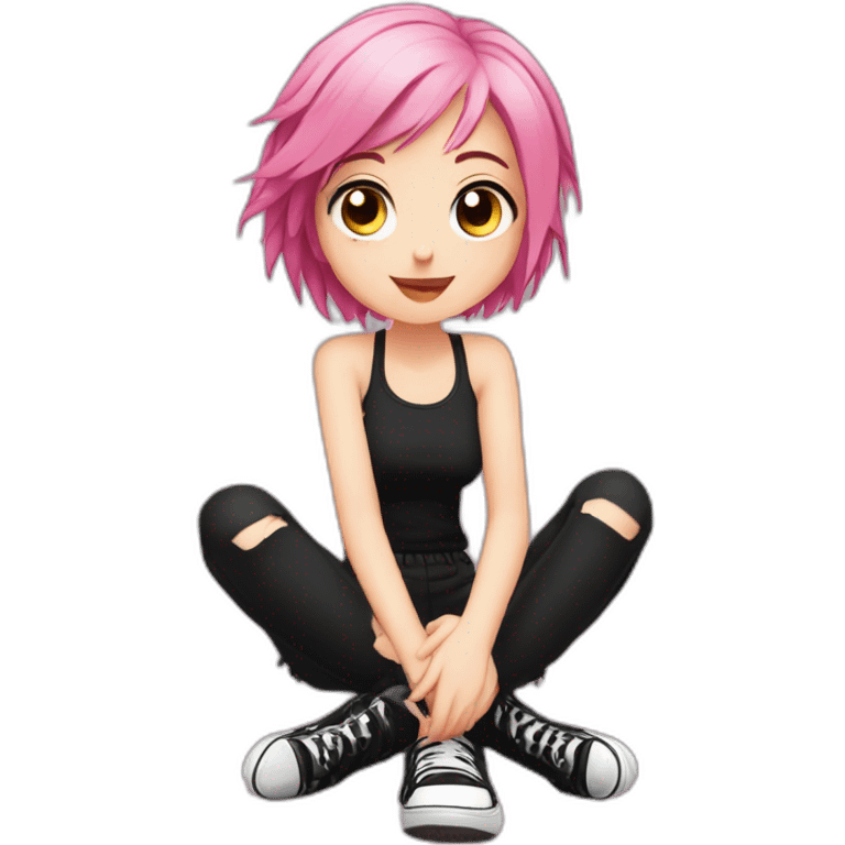 Full body Front view curvy emo girl pink hair sits on the floor straight view hands up black skirt белые трусики полосатые рваные чулки emoji