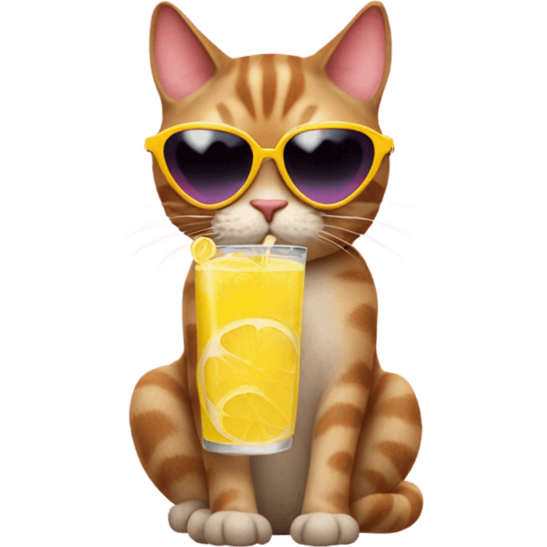 Cat drinking lemonade wearing sunglasses shaped like hearts emoji