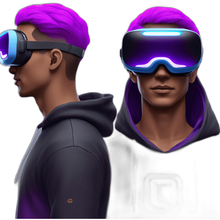 Man with white skin in the black hoody with violet OMG VR logo on it wearing vr headset oculus quest 2. Cyberpunk style. Violet neon. emoji