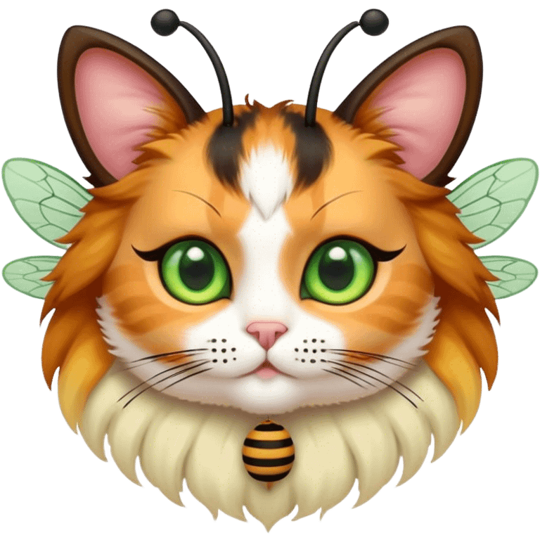 Calico Cat fluffy doll face with bee wings antennae green eyes emoji