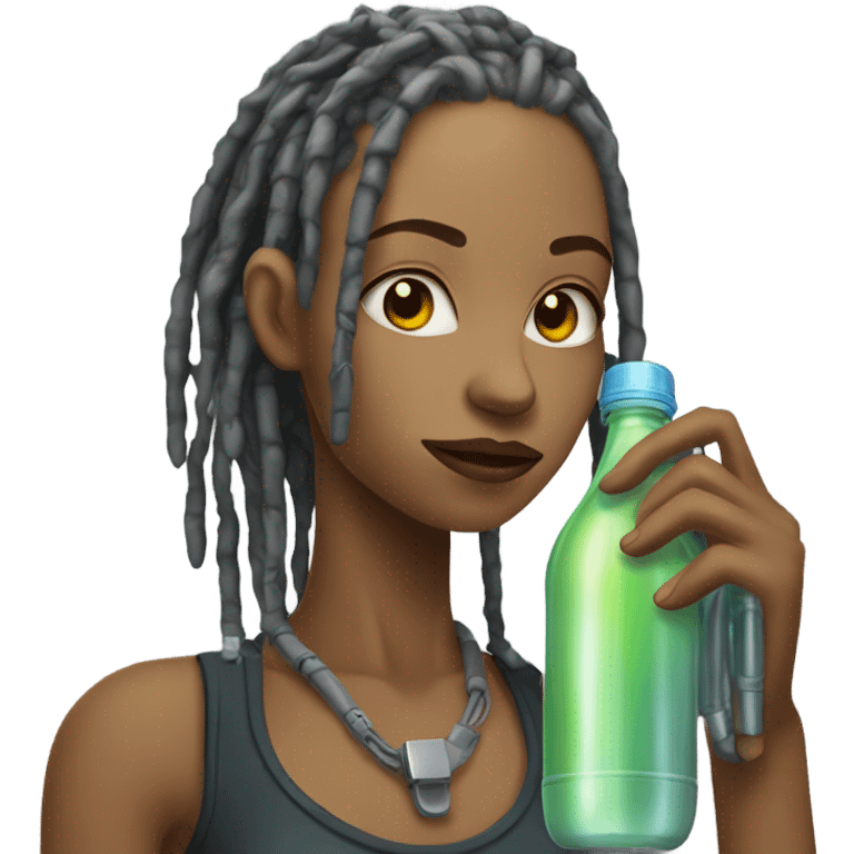 Cyborg lady with locs drinking bottle emoji