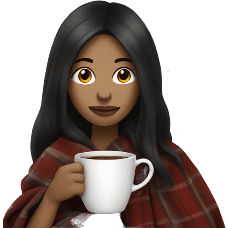 white woman long black hair wrapped in a blanket drinking coffee emoji