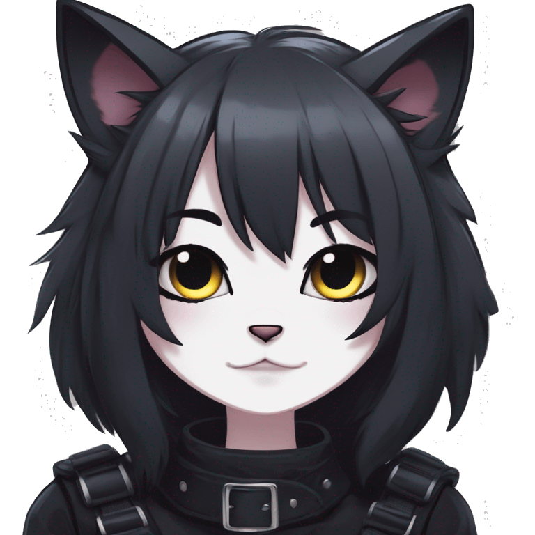 Gorgeous furry gothic dark techwear anime style anthro black cat furry sona with blushing face aesthetic and pretty edgy black with collar and harness trending style emoji