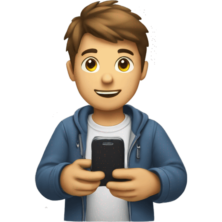 Boy with phone fixing in hand emoji