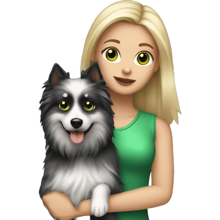 White girl with green eyes and highlights on the hair holding her dog black spitz emoji