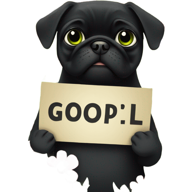 Black pug , surrounded by flowers, holding a green sign that says “good luck”  emoji